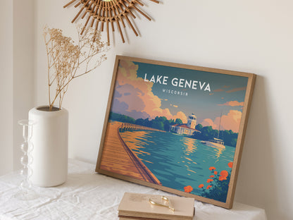 Lake Geneva, Wisconsin Landscape Poster | Lakefront Beauty Framed or Unframed Wall Art — 16x20 in
