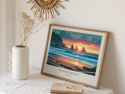 Bandon Beach Landscape Matte Border Poster | Oregon Destination Print Travel Gift — 16x20 in
