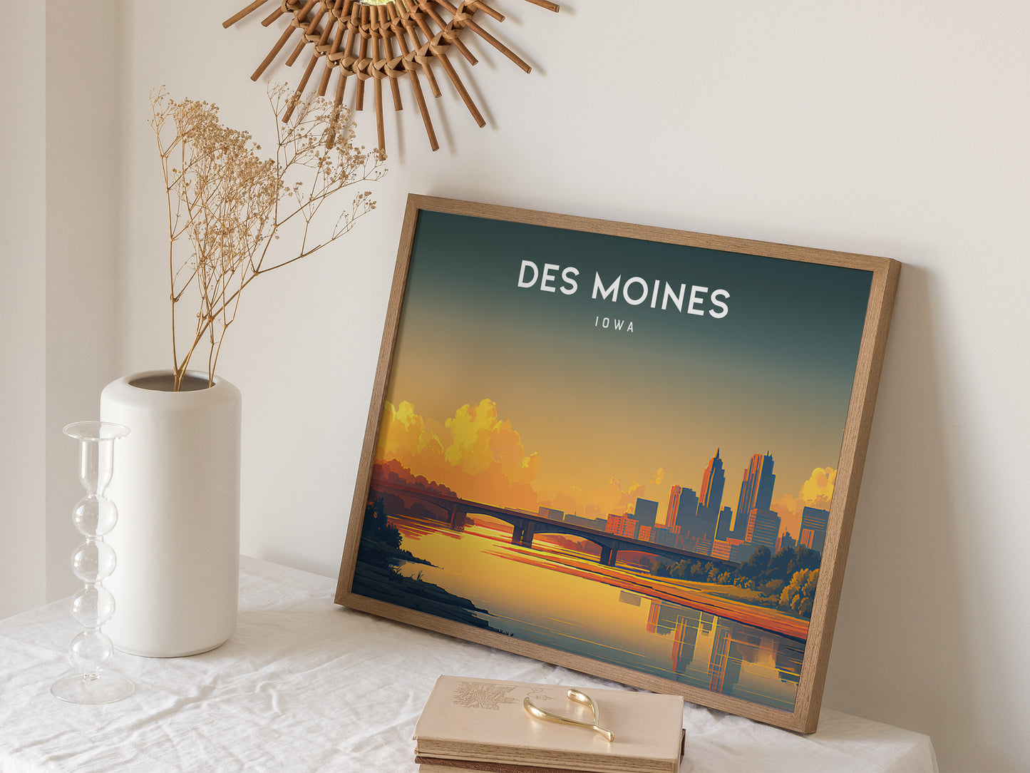 Des Moines, Iowa Landscape Poster | Heartland Skyline Travel Wall Art — 16x20 in