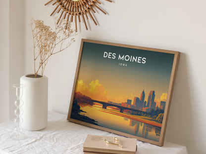 Des Moines, Iowa Landscape Poster | Heartland Skyline Travel Wall Art — 16x20 in