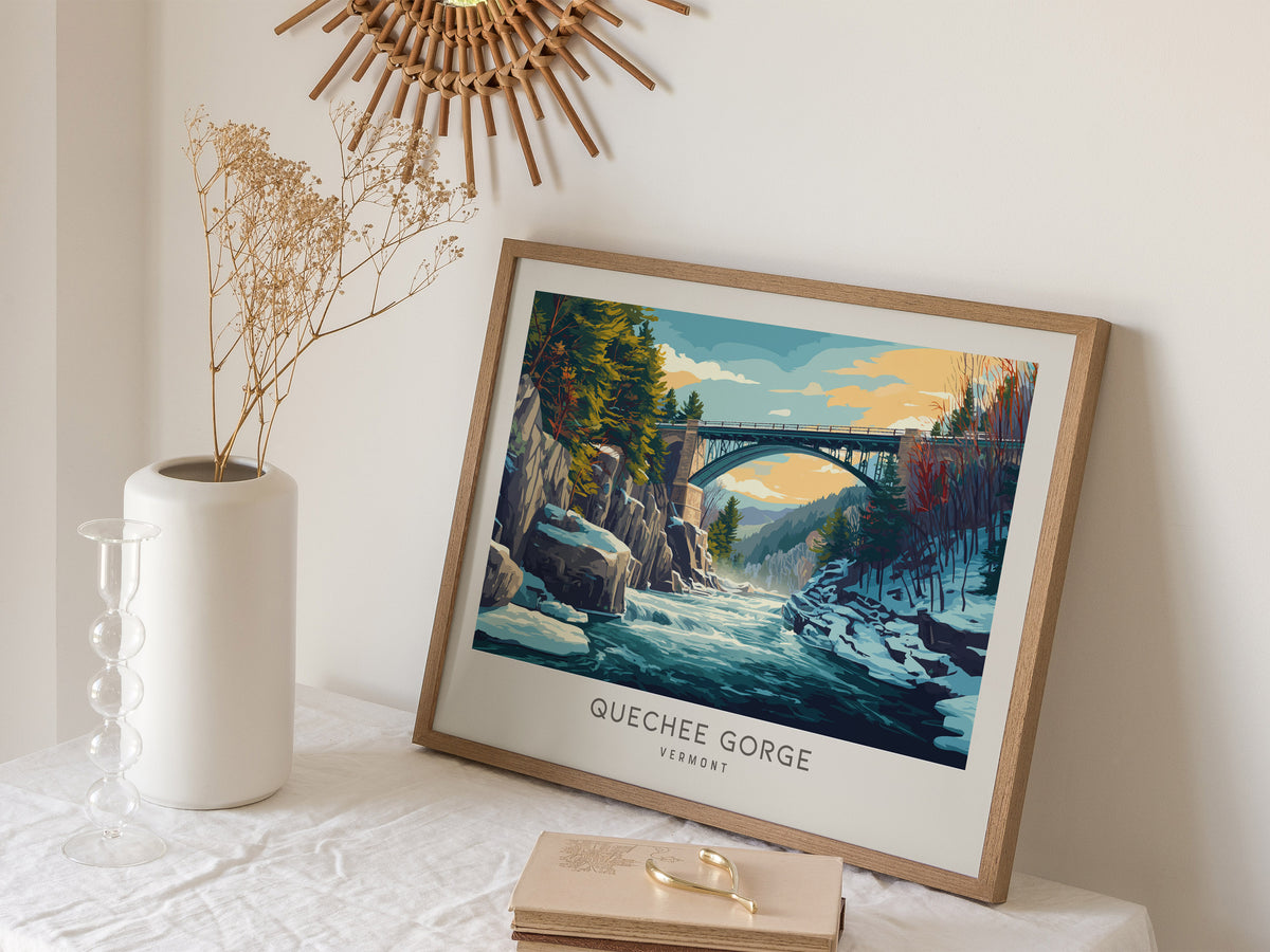 Quechee Gorge Landscape Matte Border Poster | Vermont Travel Gift Vacation Wall Art — 16x20 in