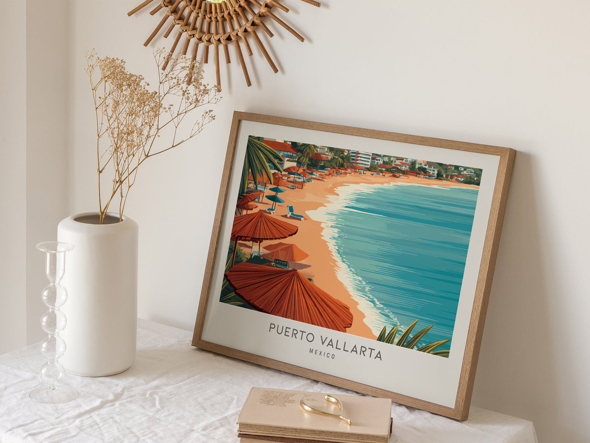 Puerto Vallarta Landscape Matte Border Poster | Mexico Destination Print Travel Wall Art — 16x20 in