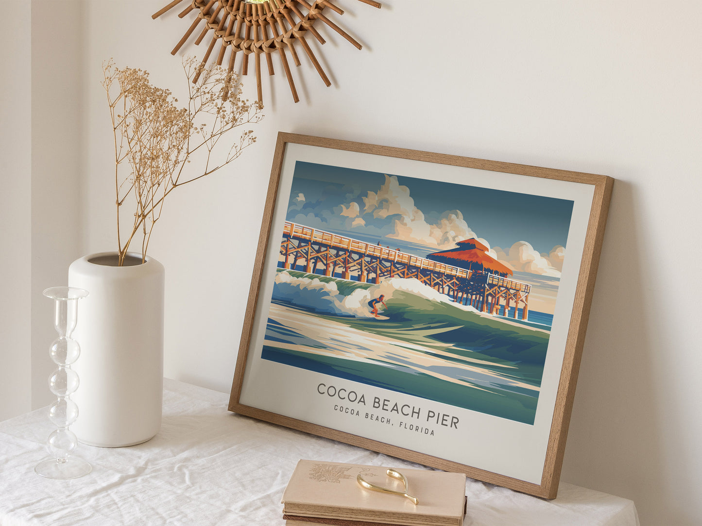 Cocoa Beach Pier Landscape Matte Border Poster | Travel Wall Art — 16x20 in