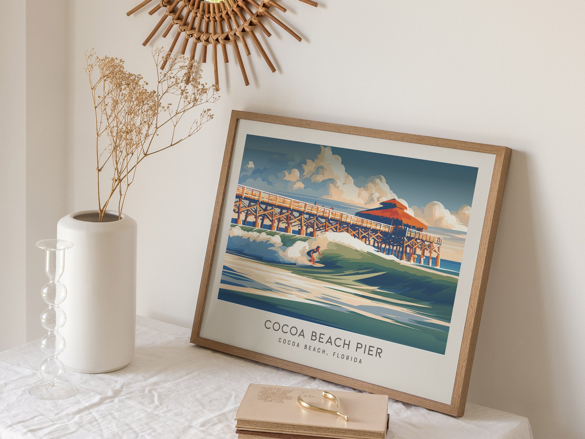 Cocoa Beach Pier Landscape Matte Border Poster | Travel Wall Art — 16x20 in