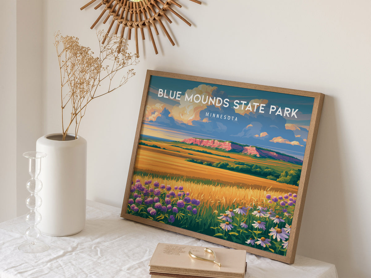Blue Mounds State Park Landscape, Minnesota Poster | Tallgrass Prairie & Sioux Quartzite Framed or Unframed Wall Art — 16x20