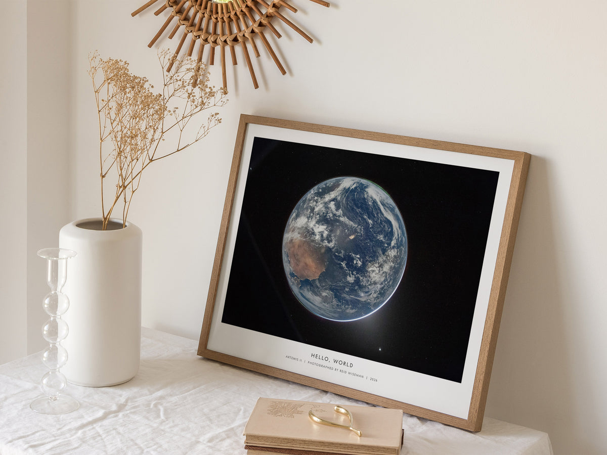 Hello, World Landscape Poster | NASA Artemis II Space Photography Wall Art — 16x20 in