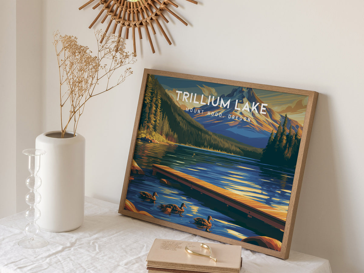 Trillium Lake Landscape Poster | Mount Hood, Oregon Framed or Unframed Vacation Wall Art — 16x20 in