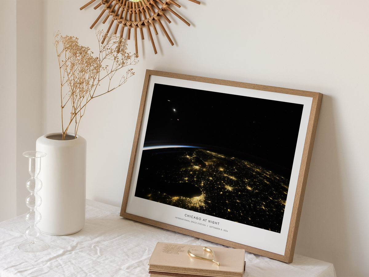 Chicago At Night Landscape Poster | NASA International Space Station Space Photography Wall Art — 16x20 in