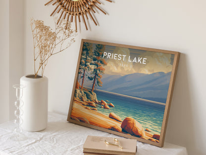 Priest Lake, Idaho Landscape Poster | Wilderness Lake Vacation Wall Art — 16x20 in