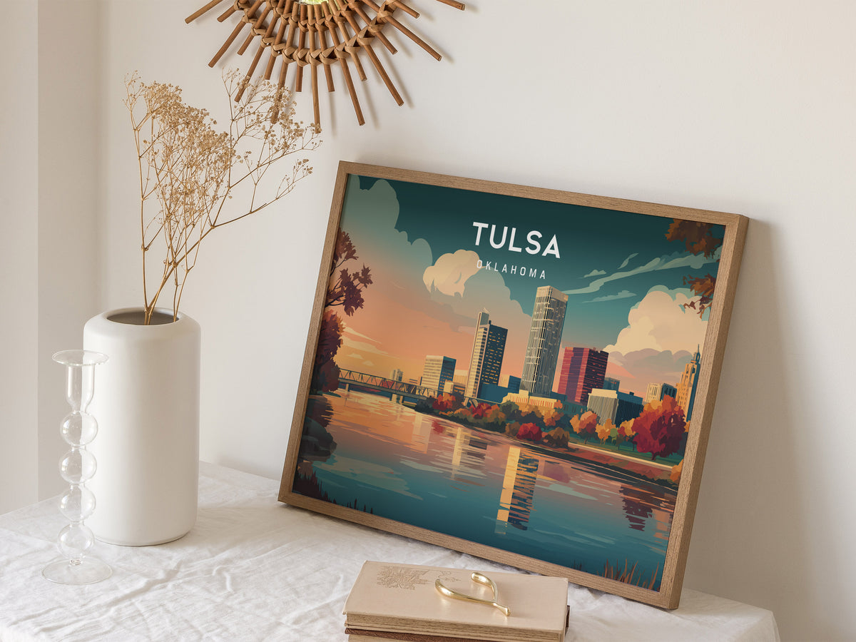 Tulsa, Oklahoma Landscape Poster | Golden Driller & Downtown Vacation Wall Art — 16x20 in