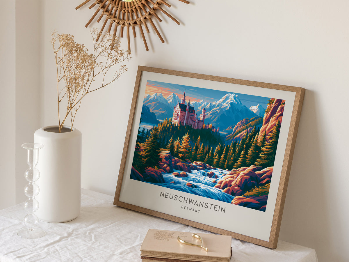 Neuschwanstein Landscape Matte Border Poster | Germany Framed or Unframed Travel Wall Art — 16x20 in