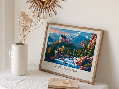 Neuschwanstein Landscape Matte Border Poster | Germany Framed or Unframed Travel Wall Art — 16x20 in