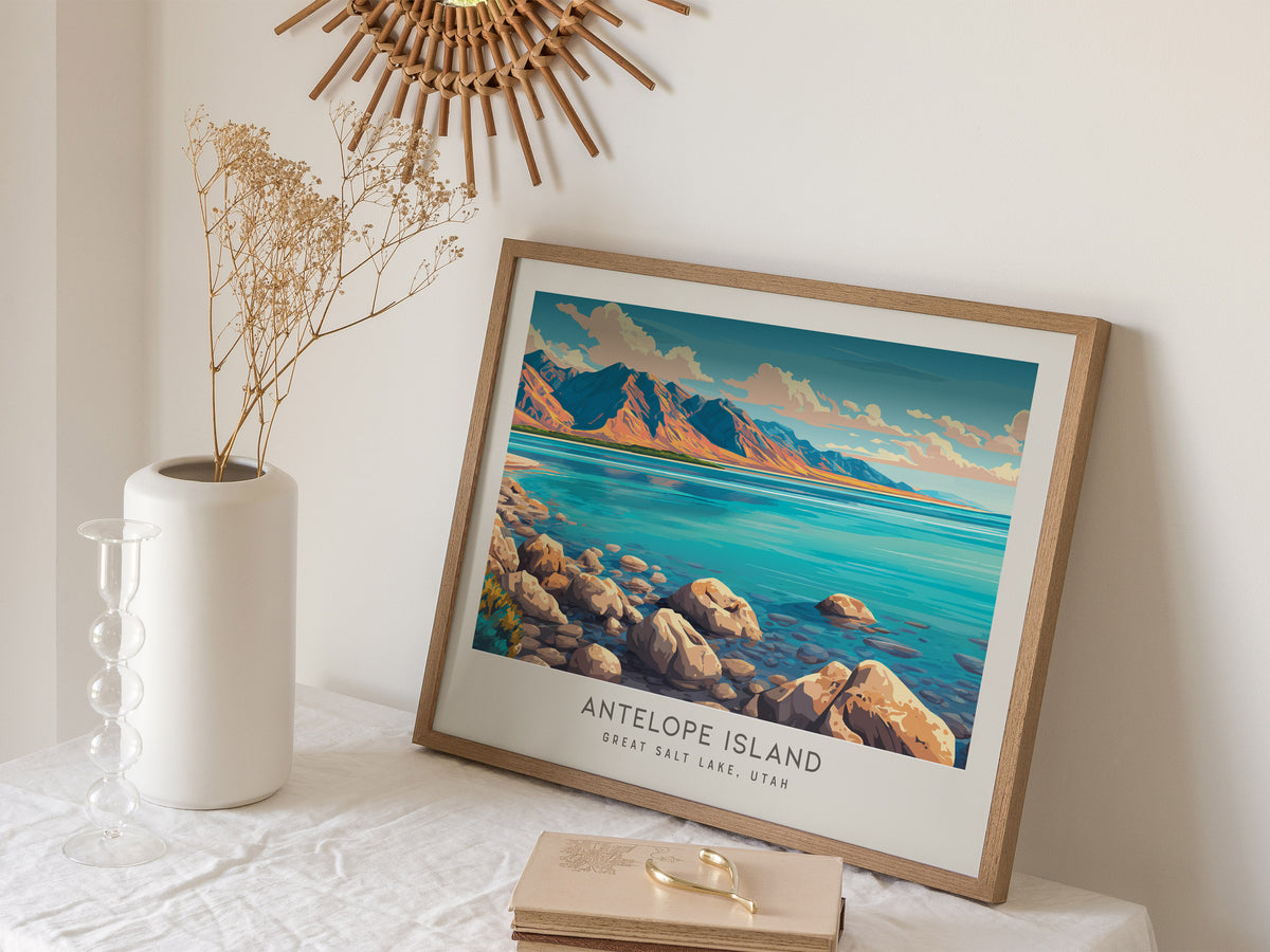 Antelope Island Landscape Matte Border Poster | Great Salt Lake, Utah Destination Print — 16x20 in