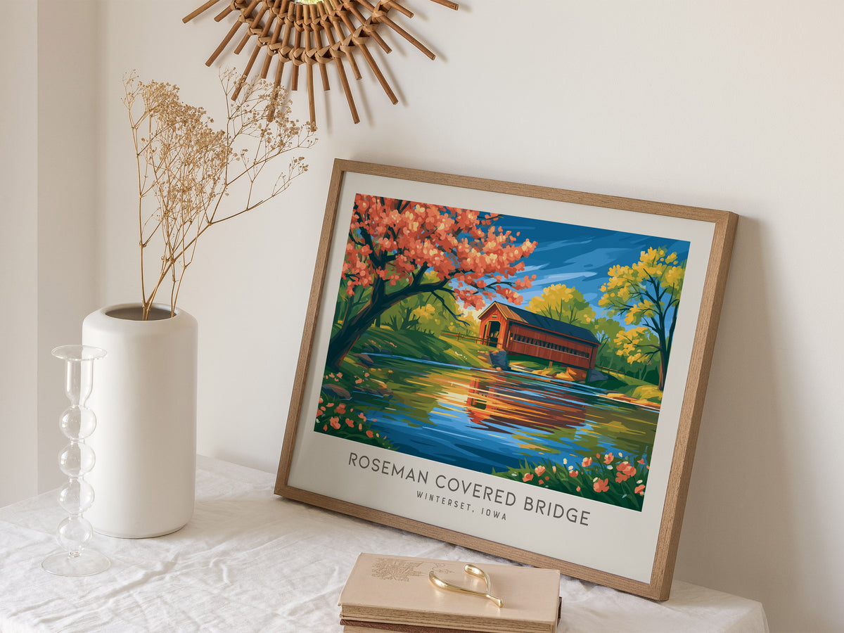 Roseman Covered Bridge Landscape Matte Border Poster | Winterset, Iowa Vacation Wall Art — 16x20 in