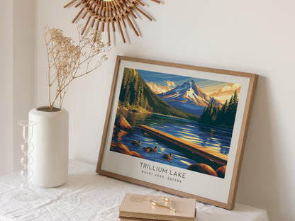 Trillium Lake Landscape Matte Border Poster | Mount Hood, Oregon Travel Gift Print — 16x20 in