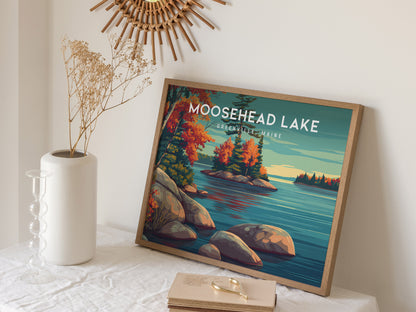 Moosehead Lake Landscape Poster | Greenville, Maine Travel Gift Lakeside Wall Art — 16x20 in