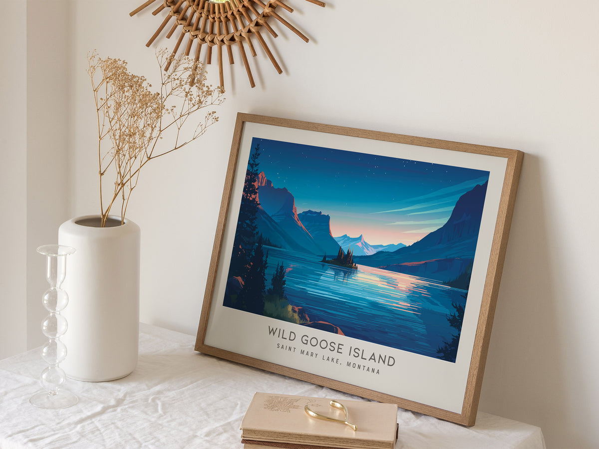 Wild Goose Island Landscape Matte Border Poster | Saint Mary Lake, Montana Destination Print — 16x20 in