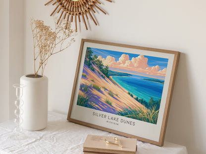 Silver Lake Dunes Landscape Matte Border Poster | Michigan Vacation Wall Art — 16x20 in