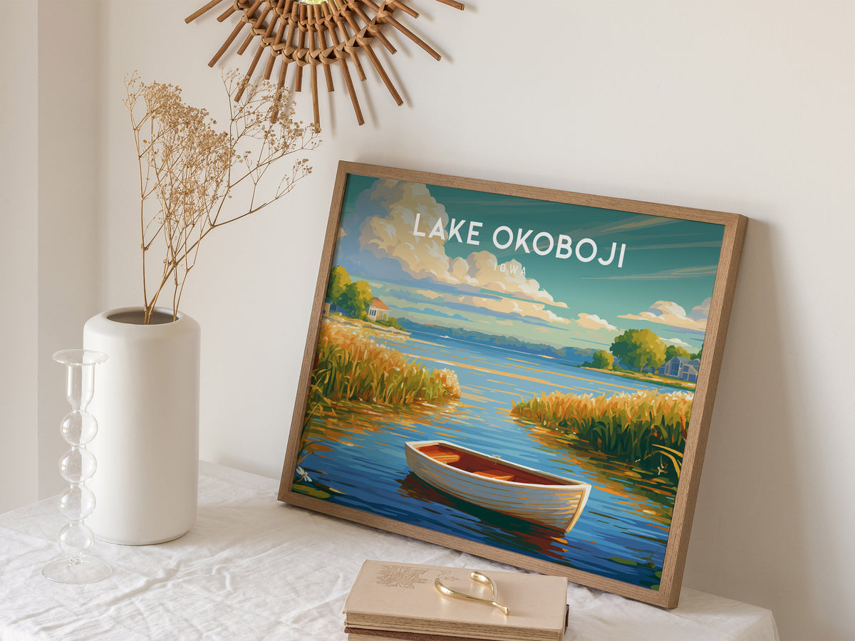 Lake Okoboji, Iowa Landscape Poster | Great Lakes Vacation Wall Art — 16x20 in