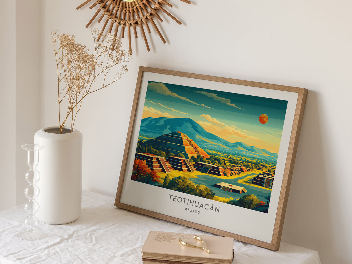 Teotihuacán Landscape Matte Border Poster | Mexico Ancient Ruins Framed or Unframed Travel Gift — 16x20 in