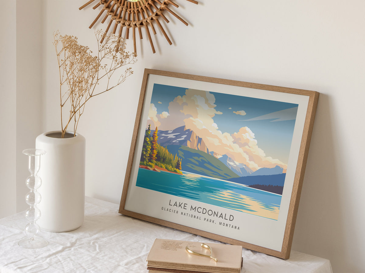 Lake McDonald Landscape Matte Border Poster | Glacier National Park, Montana Travel Wall Art — 16x20 in