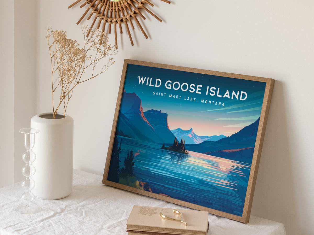 Wild Goose Island Landscape Poster | Saint Mary Lake, Montana Framed or Unframed Vacation Wall Art — 16x20 in