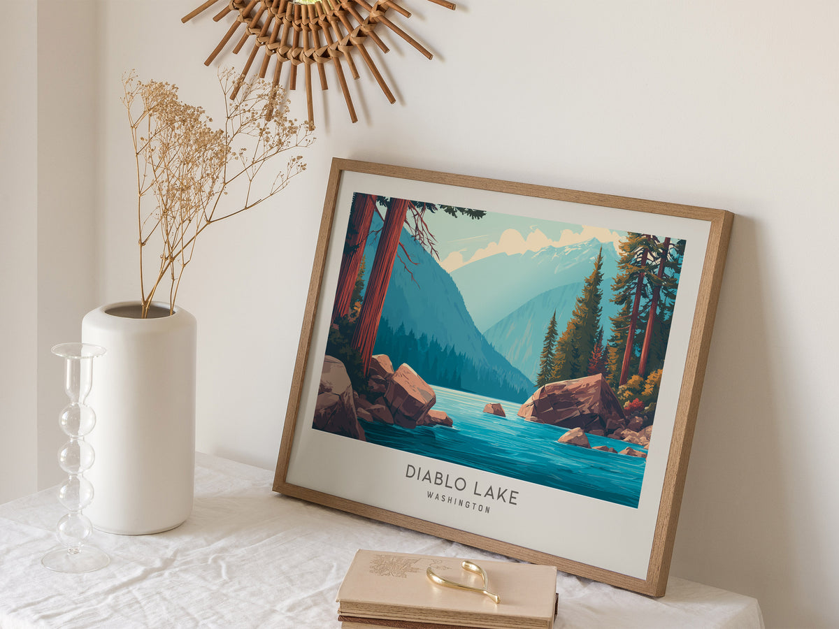 Diablo Lake Landscape Matte Border Poster | Washington Framed or Unframed Travel Gift — 16x20 in