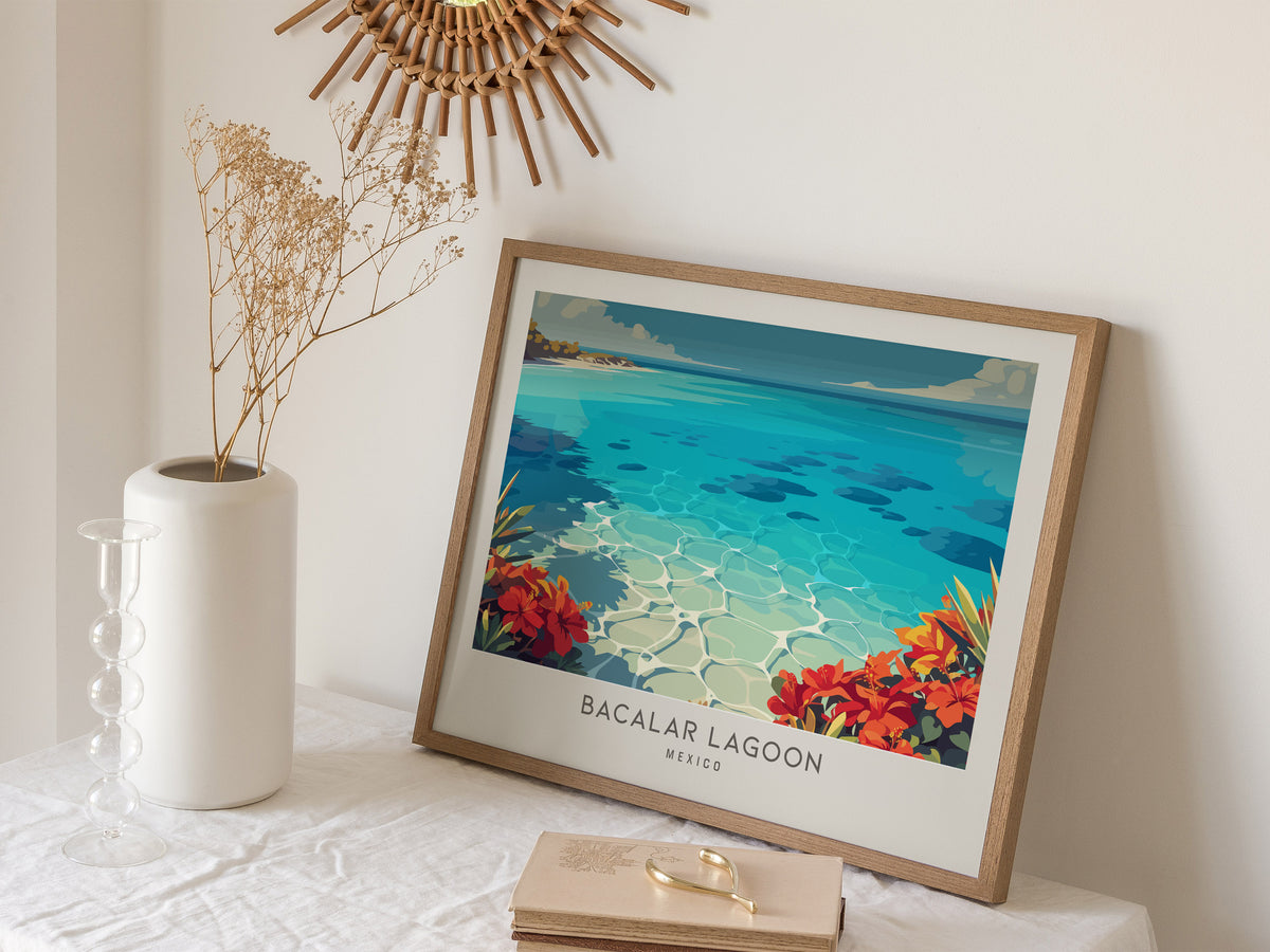 Bacalar Lagoon Landscape Matte Border Poster | Mexico Coastal Beach Decor Travel Wall Art — 16x20 in