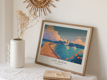Lake Geneva Landscape Matte Border Poster | Wisconsin Vacation Wall Art — 16x20 in