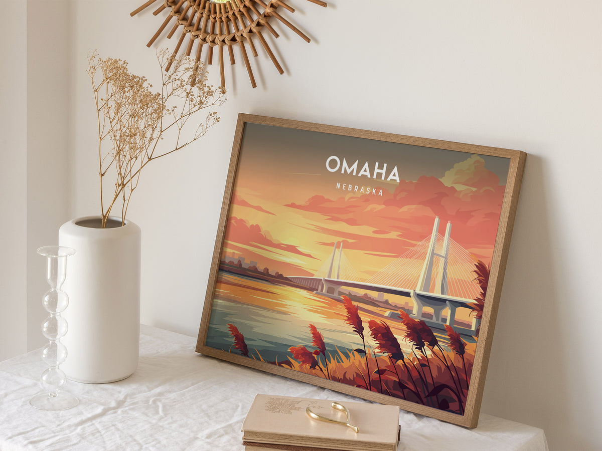 Omaha, Nebraska Landscape Poster | Midwest Cityscape Travel Gift Wall Art — 16x20 in