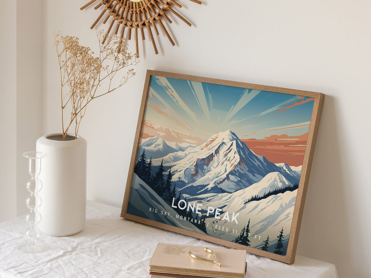 Lone Peak, Big Sky, Montana Landscape Poster | Mountain Destination Print Wall Art — 16x20 in