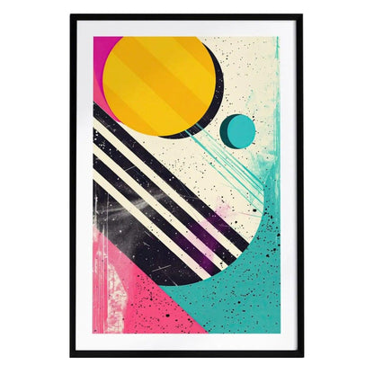 A vibrant 1980s vintage abstract poster featuring bold geometric shapes, including a large yellow circle, a smaller blue circle, and dynamic black and white stripes.
