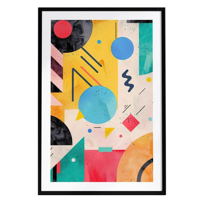 A vibrant abstract poster featuring bold geometric shapes in a mix of colors, including yellow, red, blue, and black. The design showcases a playful arrangement of circles, triangles, and lines, all framed in a sleek black border.