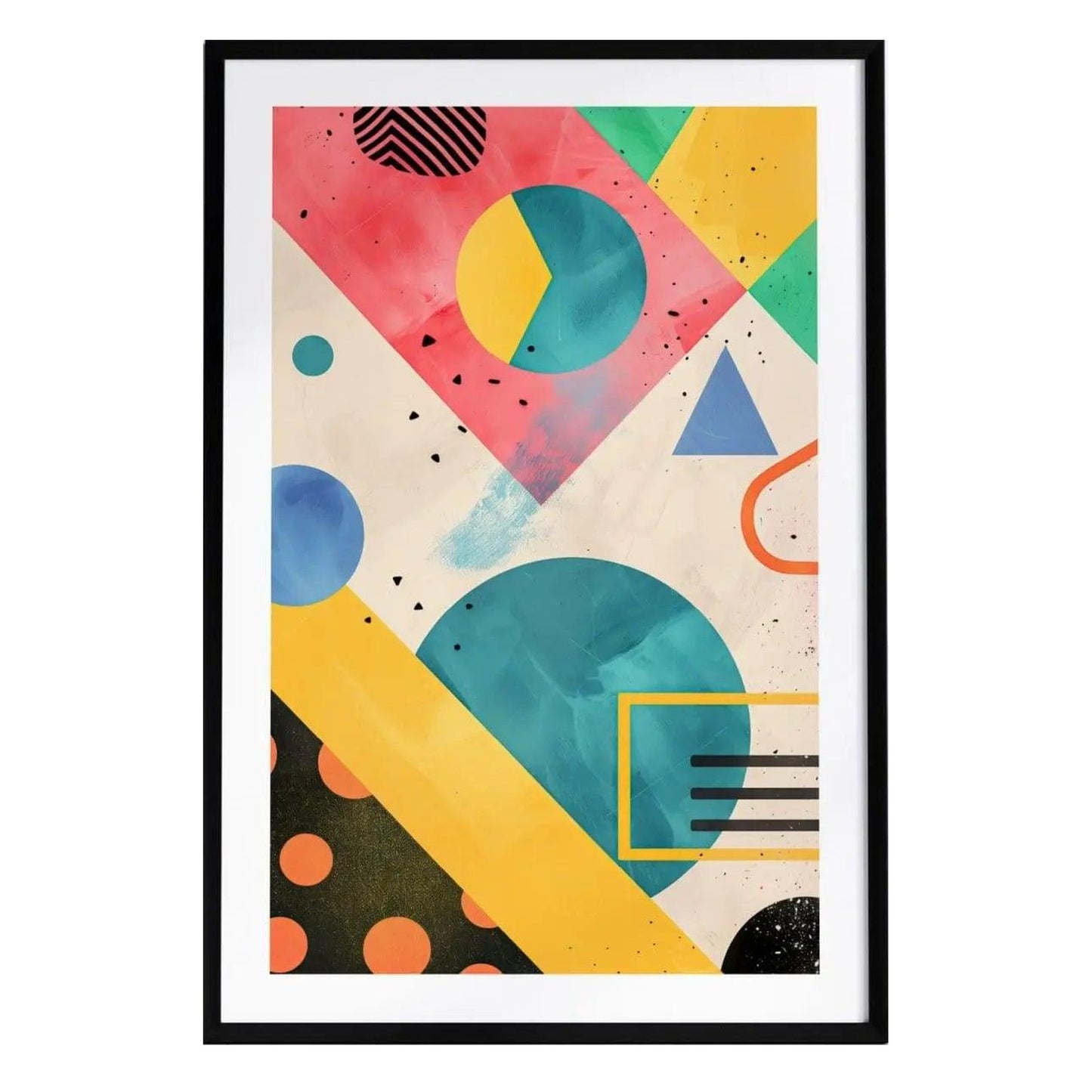 A vibrant abstract art piece featuring bold geometric shapes, including circles, triangles, and rectangles, in a playful color palette of pink, turquoise, yellow,.