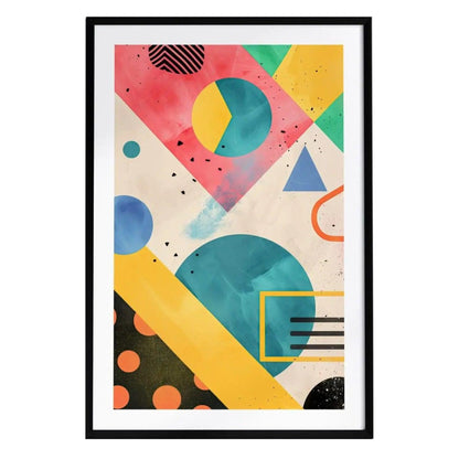 A vibrant 1990s-inspired abstract art print features bold geometric shapes, including circles, triangles, and lines, in a lively color palette of pink, teal, yellow, and black. The design is framed.