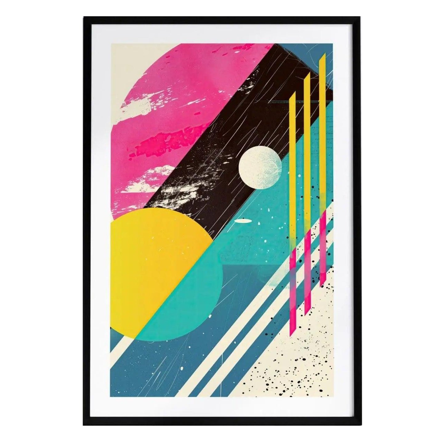 A vibrant 1980s abstract design poster featuring bold geometric shapes, including a large yellow circle, pink and black diagonal stripes, and colorful lines. The artwork combines striking colors and textures, evoking a nostalgic retro feel.