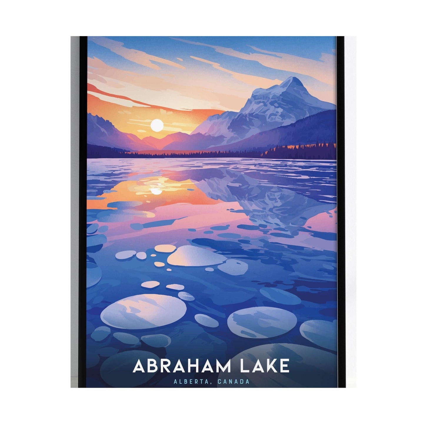 A vibrant poster depicting Abraham Lake in Alberta, Canada, showcases a stunning sunset over the water, with reflective hues of orange and purple.