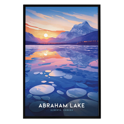 A colorful poster depicting Abraham Lake in Alberta, Canada, showcases a vibrant sunset reflecting off the water, with bold silhouettes of mountains in the background.