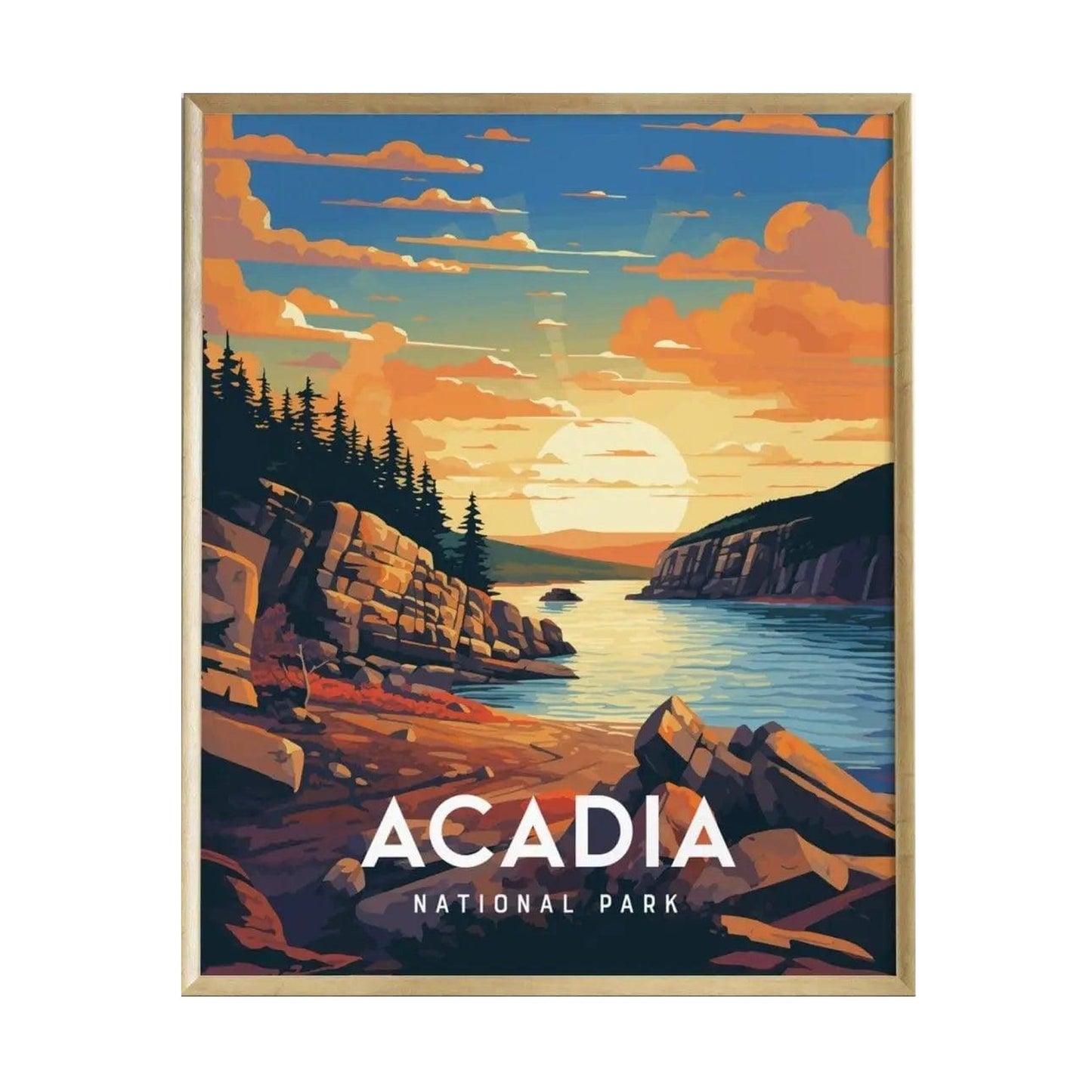 A vibrant poster featuring Acadia National Park showcases a serene coastal scene with rocky cliffs, pine trees, and a stunning sunset over the Atlantic Ocean. The bold text ACADIA NATIONAL PARK is prominently displayed at the bottom.