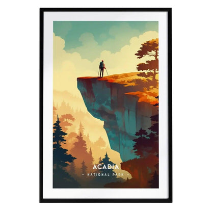 A minimalist poster of Acadia National Park features a solitary figure standing on a dramatic cliff, overlooking a vibrant sunset and dense forests. The artwork captures the serene beauty of Maines landscape in a stylish frame.
