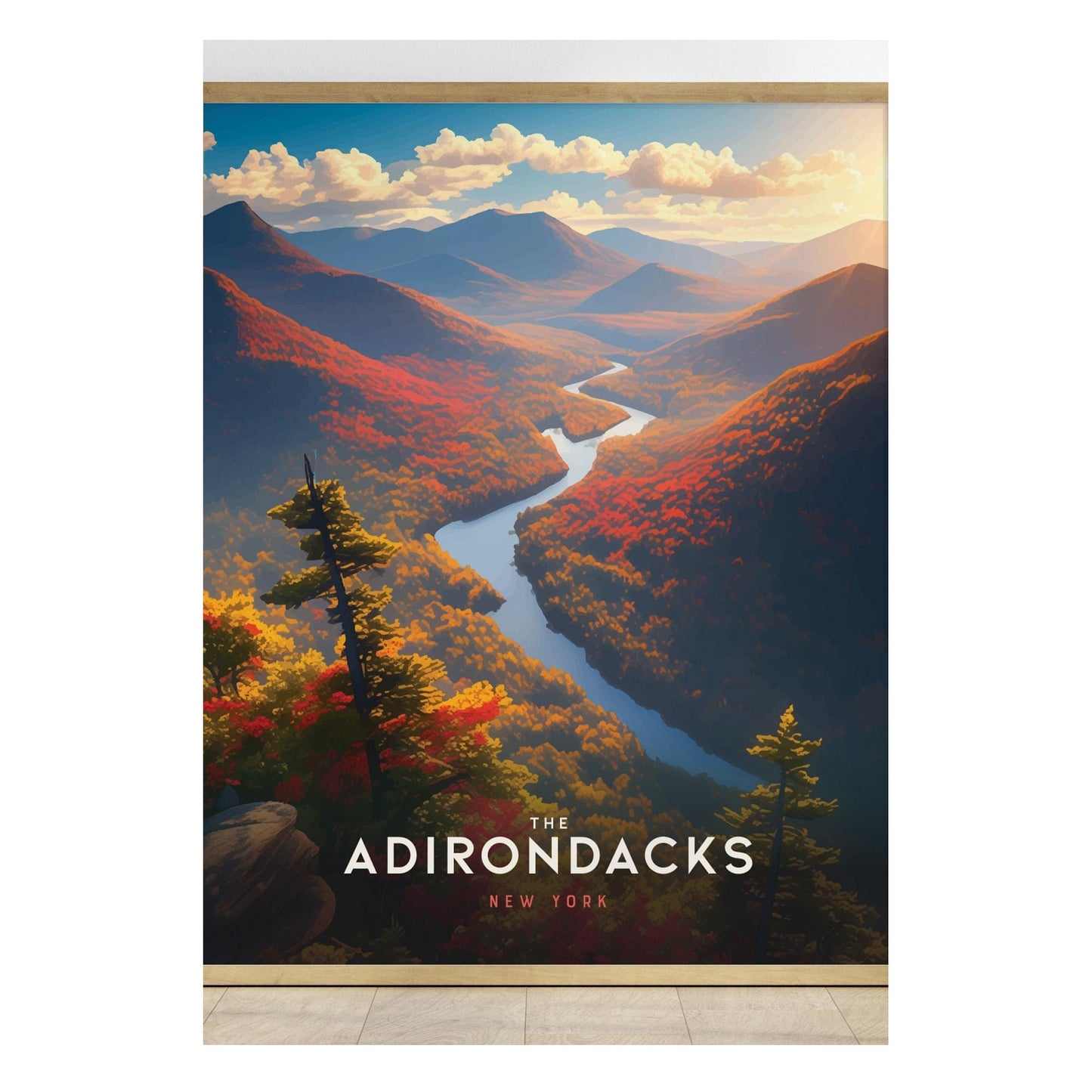 A vibrant poster depicting the Adirondack Mountains in New York, showcasing rolling hills adorned with colorful fall foliage and a winding river.