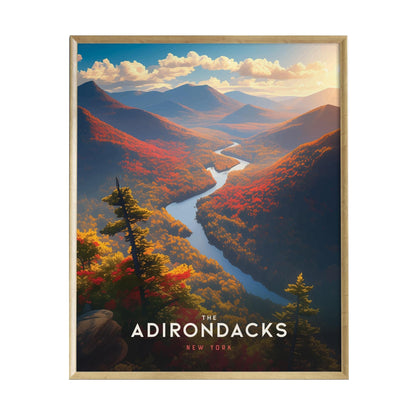 A vibrant poster depicting the Adirondack Mountains in New York, showcasing rich fall foliage and a winding river surrounded by serene valleys.