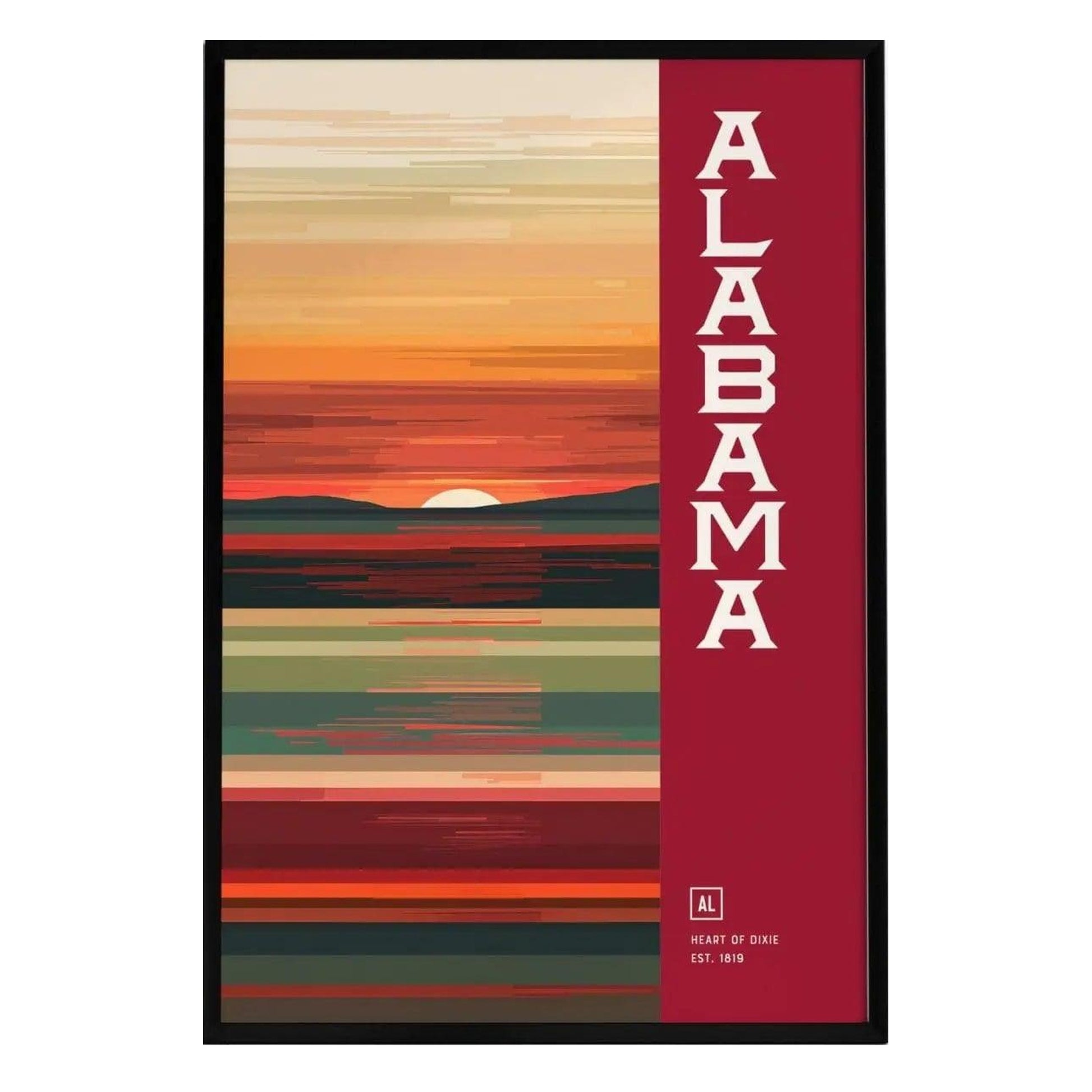 A vibrant abstract poster featuring warm auburn and crimson hues, depicting a sunset over rolling hills with the word ALABAMA prominently displayed. The modern design adds a touch of sophistication to any interior space.