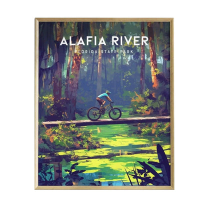 A vibrant illustration of a mountain biker navigating a narrow wooden bridge surrounded by lush greenery at Alafia River State Park in Florida. The scene captures the serene beauty of the park, highlighting its outdoor adventure appeal.