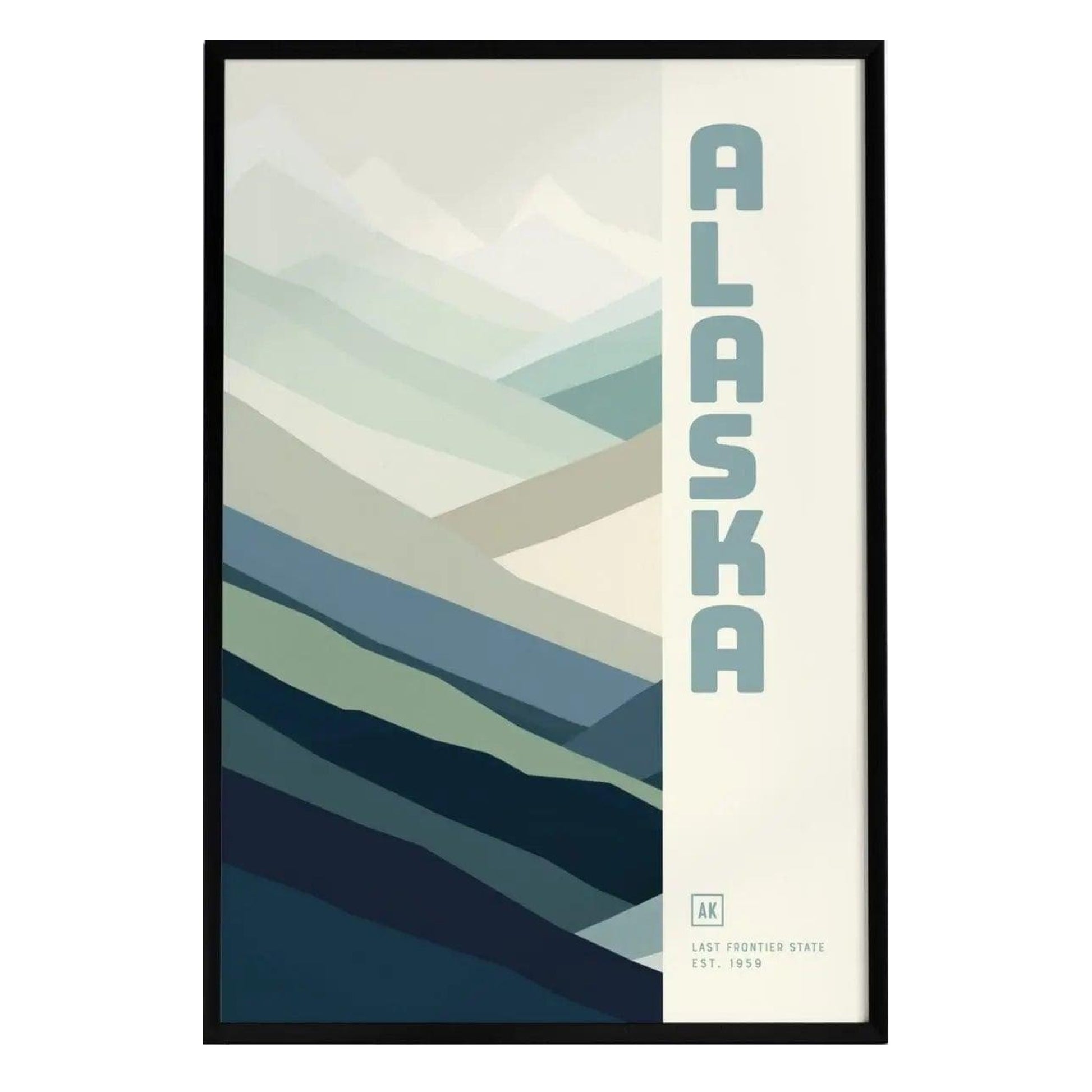 A minimalist poster featuring layered geometric shapes in various shades of blue and green, representing the mountains and landscapes of Alaska.