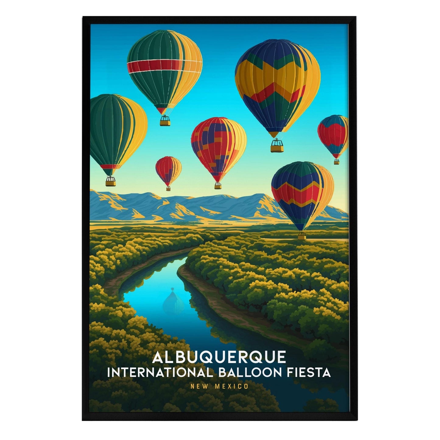 A vibrant poster showcasing the Albuquerque International Balloon Fiesta features colorful hot air balloons soaring above lush green fields and the winding Rio Grande.