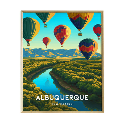A vibrant poster featuring colorful hot air balloons soaring above a lush green landscape and a winding river, with mountains in the background. The text ALBUQUERQUE and NEW MEXICO is prominently displayed at the bottom.