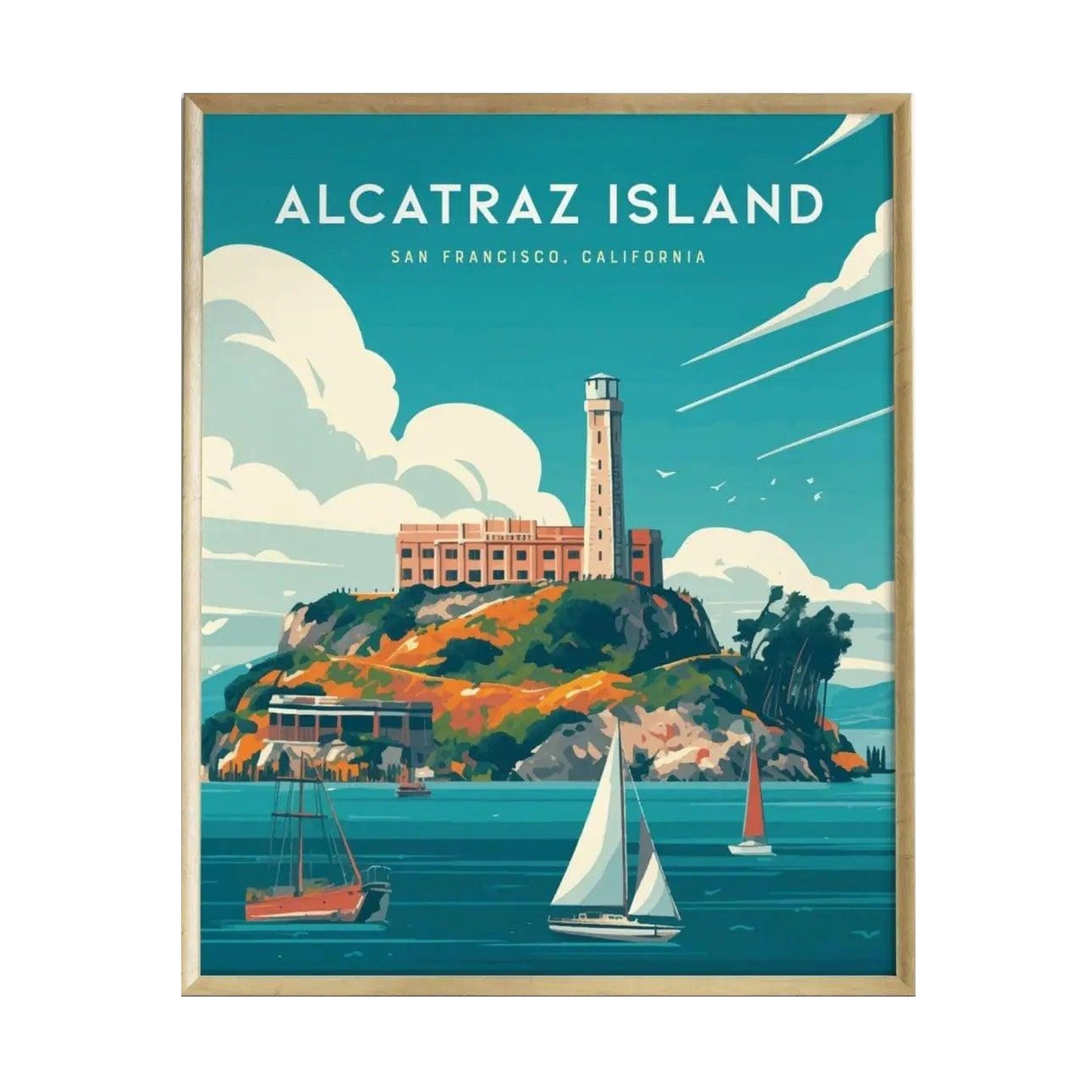 A vibrant illustration of Alcatraz Island, showcasing the historic prison structure atop the rocky island surrounded by blue waters. Sailboats float in the foreground, with a bright sky and distant land visible in the background.