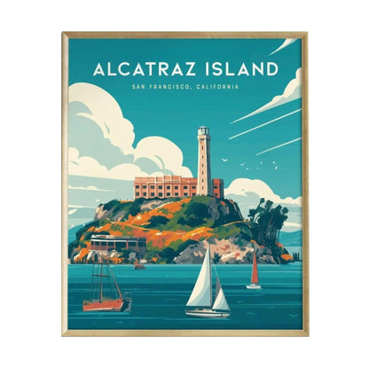 A vibrant illustration of Alcatraz Island, showcasing the historic prison structure atop the rocky island surrounded by blue waters. Sailboats float in the foreground, with a bright sky and distant land visible in the background.