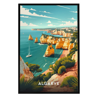 A vibrant travel poster depicting the stunning Algarve coastline in Portugal, showcasing golden cliffs, turquoise waters, and dramatic rock formations.